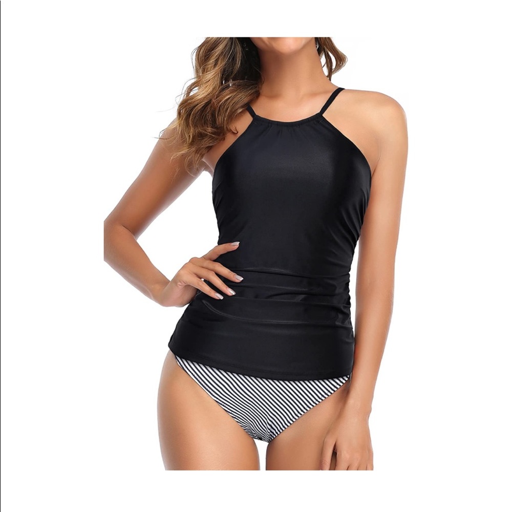 NWOT Black and striped halter tankini